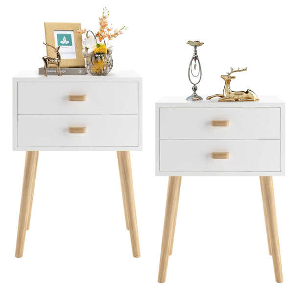 Syngar Nightstand Set of 2, Modern Bedside Tables with 2 Drawers, Storage Shelf and Wood Handles, White Bedroom Furniture